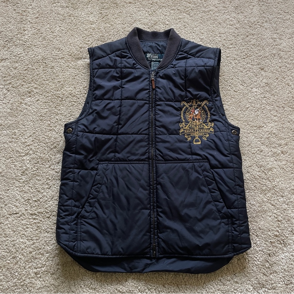 Ralph Lauren Navy Quilted Puffer Vest with Gold Crest Embroidery